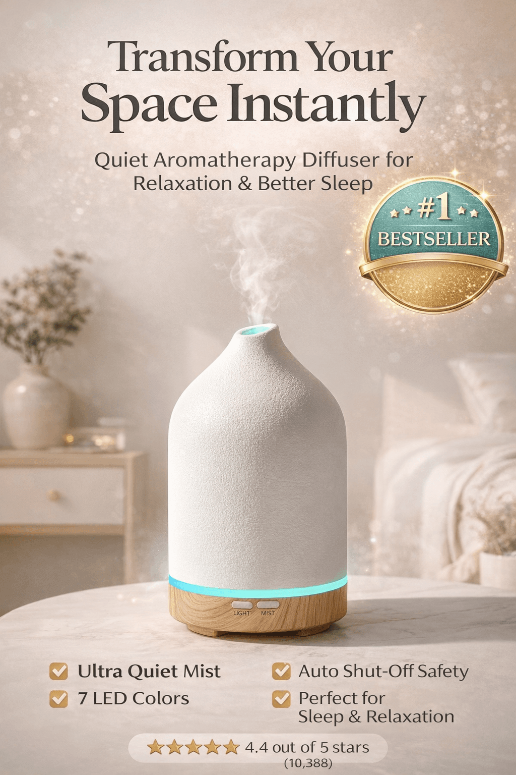 Minimal ceramic diffuser on a wooden side table